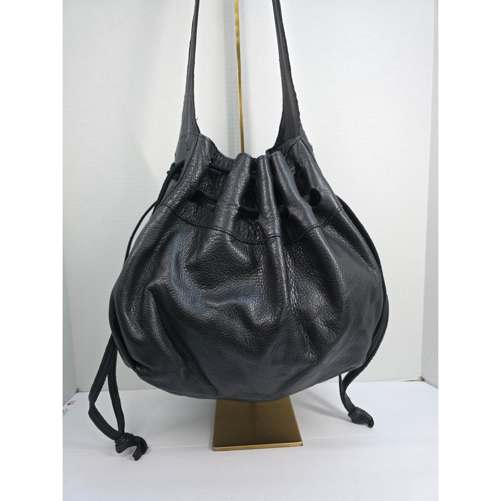 Oliveve Black Pebbled Leather Drawstring Bucket Bag Hobo Shoulder Bag Large